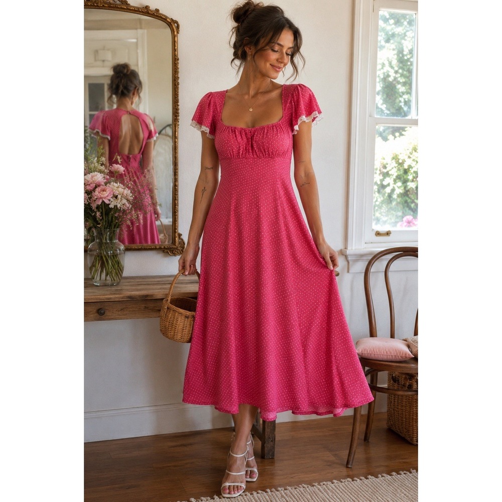 Wild Fable Pink Polka Dot Cottagecore‎ Coquette Midi Dress Women's Large READ!